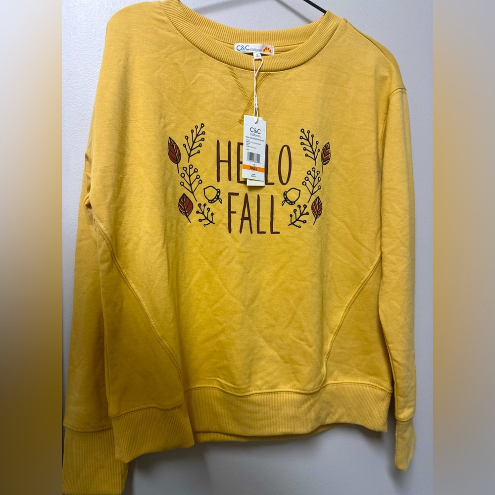 Hello Fall Graphic Sweatshirt Yellow Pumpkin Crewneck Pullover Women S NWT‎